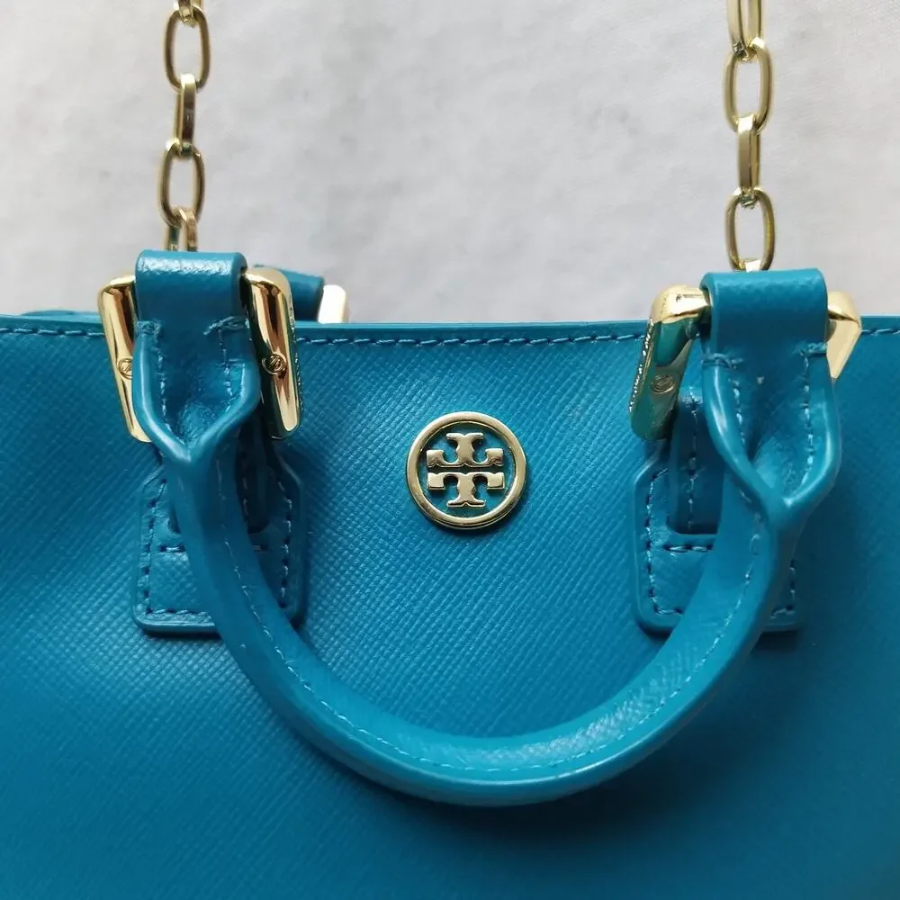 Tory Burch Robinson Blue Leather Doubled Handles Mini Tote Crossbody Bag
